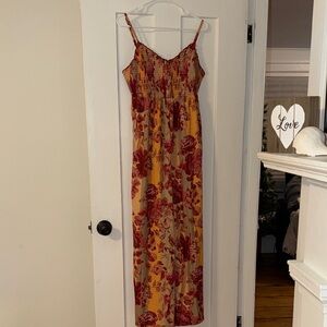 Floral Smocked Maxi Dress in Mustard and Burgundy